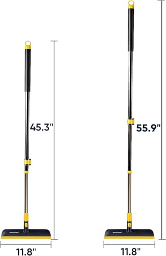 MinuteToCleanIt Floor Scrub Brush with Squeegee, 45.3-55.9" Extendable Handle, 11.8" Wide Head, for Tiles, Hardwood, Patio, Yellow (2 in 1 Brush)