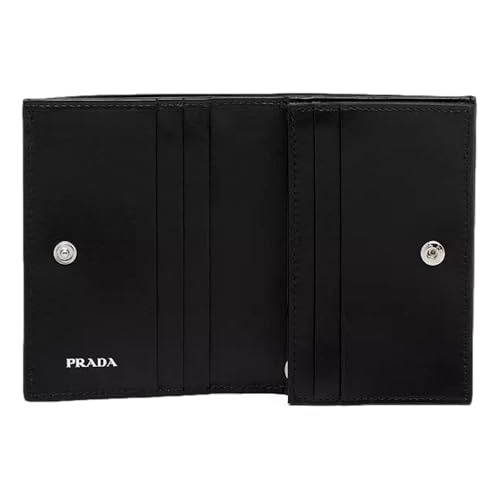 Prada Womens Nero Black Vitello Daino Silver Triangle Logo Small Wallet Zipper Coin Pouch 1MV0212