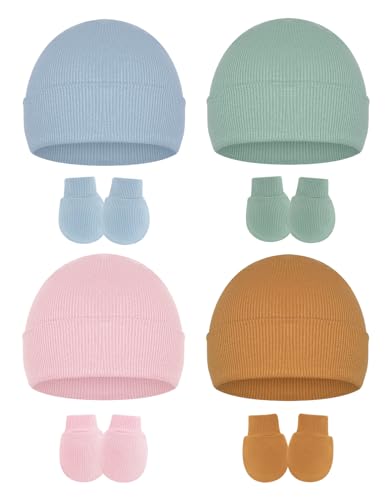 Stretchy Baby Hats and Mittens, Ribbed Neutral Newborn No Scratch Gloves Beanie Hospital Hat Set for Girls Boys