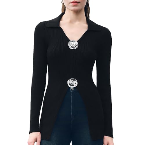 Women Cardigan Sweaters Long Sleeve Knitted V-Neck Fluid Metal Button Down Lightweight Outwear 2025