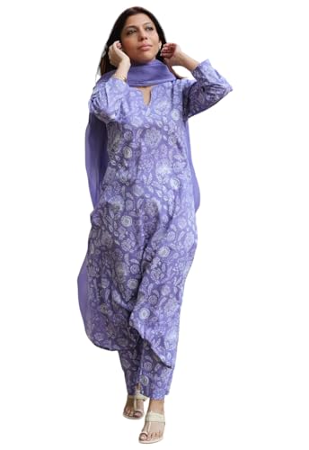 Image of Yashika Women Viscose Rayon Floral Printed Stitched Kurta with Pant and Dupatta | Lavendar Color Kurta Set | Kurta with Pant & Dupatta Set for Woman | Printed Kurta Set