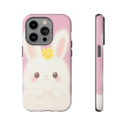Coque iPhone 14 Pro lapin blanc rigide mate fleur jaune protège l'appareil photo des chocs