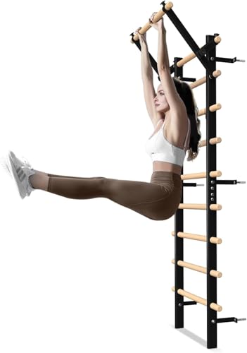 GMWD Swedish Ladder Wood Stall Bar, Suspension Trainer with Pull-Up Bar and Dip Bar Attachments, Wooden Stall Bar with 9 Strategic Rods for Core Strengthening and Stretching Balanced