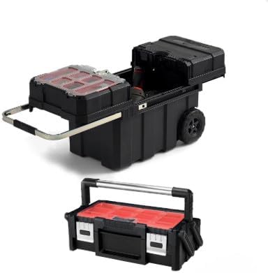 Caja de herramientas móvil profesional con ruedas, capacidad de almacenamiento de 17.25 galones, construcción de plástico resistente, 24.3 x 14.9 x