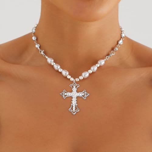 Celtic Rhinestone Cross Necklace Silver Vintage Y2k Pearl Cross Long Pendant Necklace Beaded Bling Choker Necklace Jewelry for Women4