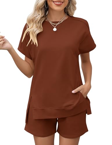 Image of LOMON Womens Fashion 2 Piece Outfits Sweatsuits 2026 Summer Short Sleeve Loungewear Tracksuit Round Neck Lounge Shorts Sets