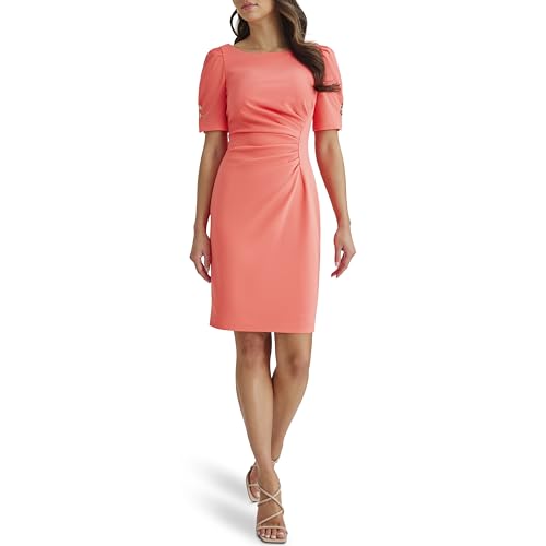 Image of DKNY Women's Short Sleeve Ruched Knee Length Sheath Dress with Button Detail
