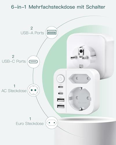 OUFUYU Mehrfachsteckdose 6-in-1 mit USB, Doppelstecker mit 2 USBA und 2 USBC Steckdose, Wandsteckdose mit Schalter (3680W/16A), Mehrfachstecker für Zuhause/Büro/Reisen