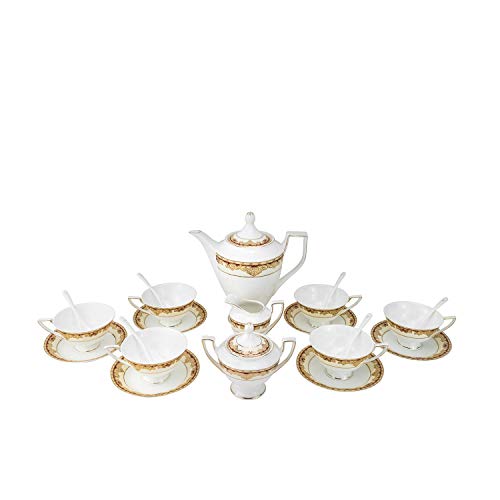 17 Pieces Porcelain Tea Set: 6 Cups, 6 Saucers, Teapot, Sugar, & Creamer, Drinking Coffee Tea Set, Classic Design Royal Tea Service