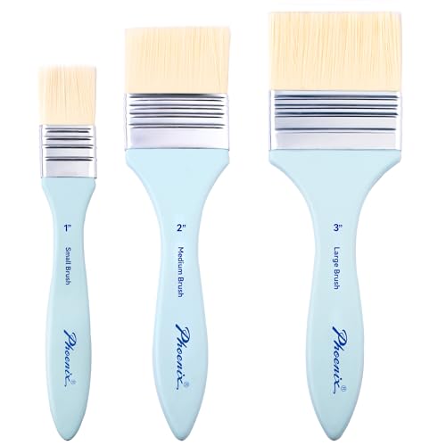 PHOENIX Flat Paint Brush Set - 3 Sizes Nylon Large Paint Brushes for Acrylic Painting Gouache Wood Furniture Gesso Varnishes & Wall