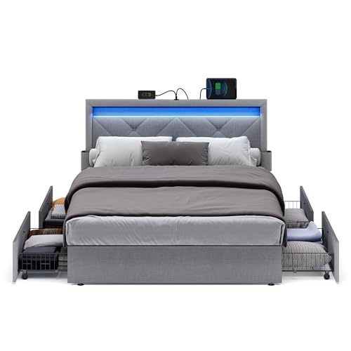 VASAGLE LED Bed Frame Full Size, Full Bed with Headboard and 4 Drawers, 1 USB Port and 1 Type C Port, Adjustable Upholstered Headboard 37.1/39.6 Inches, No Box Spring Needed, Light Gray URMB822G01