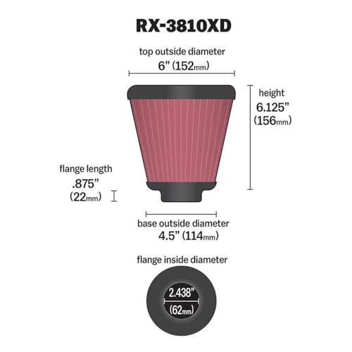 Image of K&N Universal X-Stream Clamp-On Air Filter: High Performance, Premium, Replacement Filter: Flange Diameter: 2.4375 In, Filter Height: 6.125 In, Flange Length: 0.875 In, Shape: Round, RX-3810XD