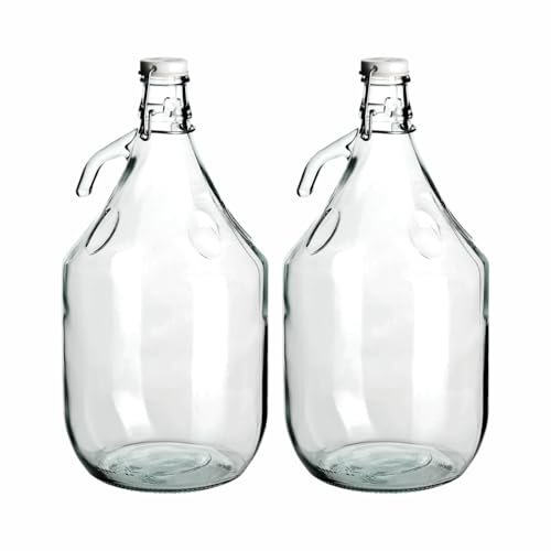 gouveo Juego 2 botellas de vidrio de 5 L con tapa abatible y asa - Vidrio transparente premium vino y jugos - botella de almacenamiento, 5.000 Ml (GA5000)