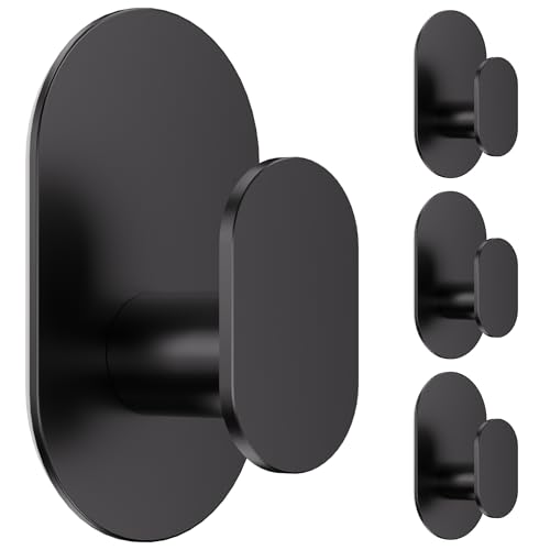 Aikzik Adhesive Towel Hooks - 4 Pack 26LB Extra Strong Heavy Duty Wall Hooks for Bathroom/Shower Door Hanging Coat Robe Towel Dogs Leads and Collars (Matte Black Stainless Steel)