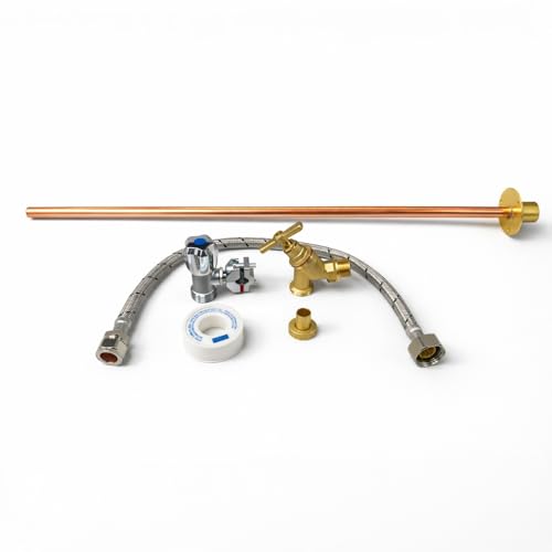 600mm Garden Tap Kit WRAS Approved Outside Tap Kit with Double Check Valve Self Cutting Tap 600mm Flange 400mm Flexible Connector & PTFE Tape Easy DIY Outdoor Tap Kit Install for Thick Walls