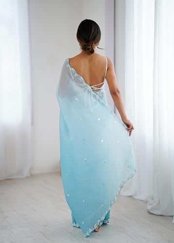 Image of Women's Chiffon Embellished Saree With Unstitched Blouse Piece (Light blue)
