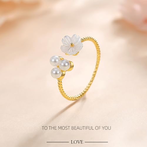 Elegant Shell Pearl Flower Adjustable Open Ring for Women 925 Sterling Silver 14k Golden Plated Faux Pearl Blossom Stacking Statment Rings Wedding Engagement Promise Finger Bands Fashion Jewelry Gifts3