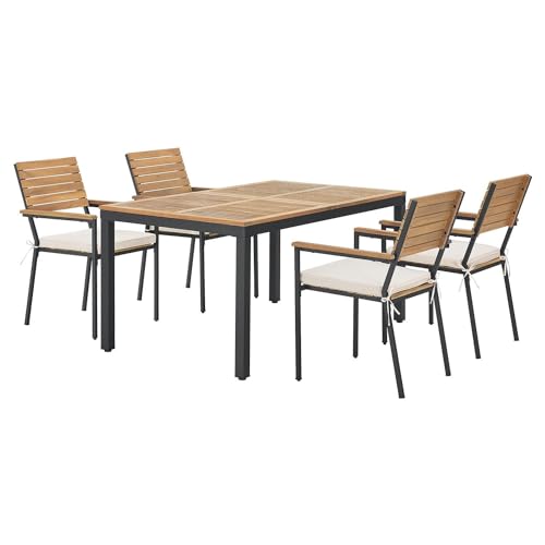 Juskys Salon de Jardin en Bois d'acacia Rhodos - Table, 4 chaises & Coussins - Mobilier de Jardin en Bois, 5 pièces - Meubles de Balcon - Mobilier d'extérieur Bois...