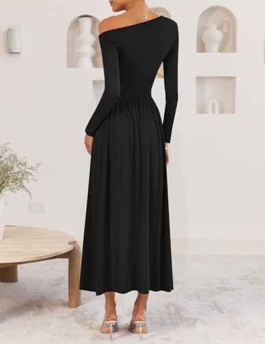 ZESICA Women's 2025 Fall Long Sleeve Off Shoulder Maxi Dress Pleated Elegant Formal Wedding Guest Dresses with Pockets4