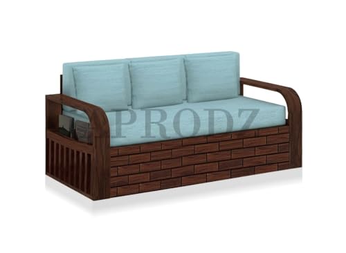 Image of APRODZ Solid Sheesham Wood Sofa Cum Bed 3 Seater Velevt Fabric with Blue Upholstery & Cushion Perfect Sofa Furniture for Home Living Office Room and Guests (Walnut Finish 75x69x30-Inch)