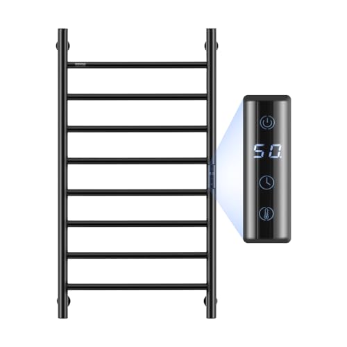 VEVOR 8 Bars Towel Warmer Rack, Wall Mounted Heated Towel Rack for Bathroom, IPX5 Waterpoof Towel Heater Rack with Timer & LED Display Screen, 5 Levels Adjustable Temperature Towel Heater, Black