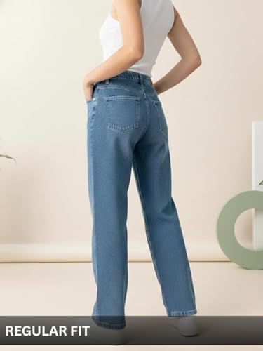 Image of GRECIILOOKS Embroidery Jeans for Women| Women's Summer Wide Leg Denim Jeans | High Waist Straight Fit Casual Pants for Office, Vacation & Everyday Wear