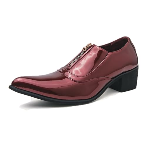 Men's Chunky Heels Patent Leather Dress Loafers with Front Zipper Luxury Wing Tip Tuxedo Formal Oxford Derby Shoes
