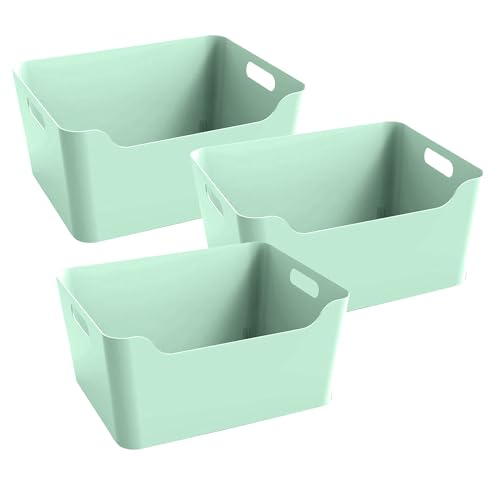 Image of KOLORR Jolly Plastic XL Baskets with Handle for Storage Box| Multipurpose Light Weight Plastic Baskets organiser for Clothes Toys Stationary Cosmetics Livingroom Bathroom | Pack of 3 - Mint