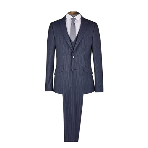 Men Skinny Pinstripe Lapel Two Button Jacket Pant Vest 3 Pieces Suit Set Navy Blue4