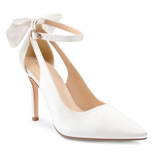 Image of COLETER Womens Back Bow D'Orsay Pumps Pointed Toe Ankle Strap Wedding Heels | 4 Inch Stiletto Heels, Adjustable Ankle Strap, Back Bow Pumps, Formal Evening Bridal Shoes
