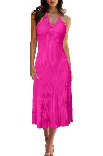 Image of Arach&Cloz Women's Knit Adjustable Halter V Neck Summer Vacation Dress 2025
