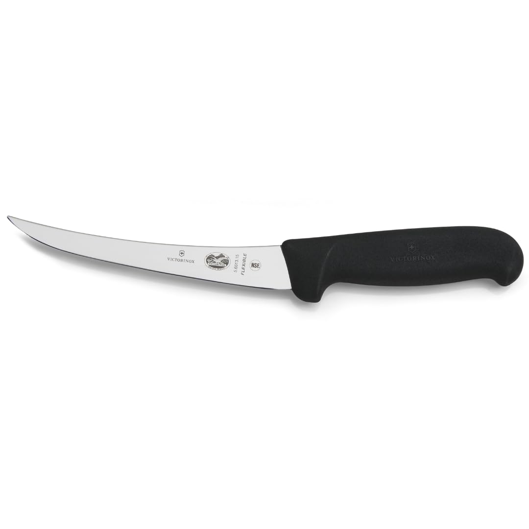 Victorinox Fibrox Boning Knife, Sharp Kitchen Knife for Meat and Fish, 15 cm, Rounded Blade, Flexible, Stainless Steel, Black