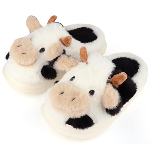 Zapatillas Casa Niña Vacas lindo de peluche Invierno Espesar Slippers Casa Interior Antideslizantes Caliente Pantuflas Mujer Suave Algodón Zapatos