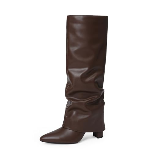 Image of Knee High Boots Women Fold Over Boots Chunky Heel Pointed Toe Tall Boots | Fashion Slouchy Boots,Side Zipper Shark Boots,Fall Spring Winter Fashion Dress Tall Boots,Evening Bridal office Long Boots