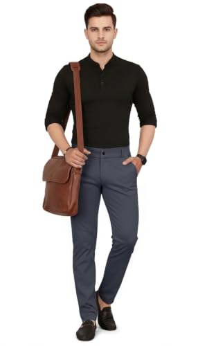 Image of Mehrang Men's Slim Fit Casual Mid Rise Trousers, Cotton Blend, Side Pockets || Classic Slim Fit Chino Pants || Business Casual Dress Trousers