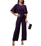 BessCops Women Casual Loose Short Sleeve Belted Wide Leg Pant Romper Jumpsuits Purple