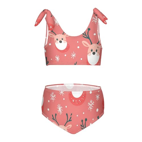 KLL Christmas Pattern with Reindeer Girl Two Pieces Bikini Sets Scoop Neck Swimsuit Swimming Suits Cute Shoulder Strap