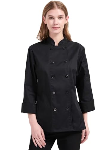 TOPTASK Chef Coat Women Long Sleeve Lightweight White Chef Jacket Uniform Women for Kitchen Restaurant Bakery (Black XL)