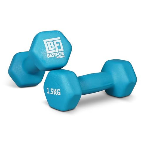 Bestfor Pair of 1.5kg Hex Anti Roll Non Slip Neoprene Dumbbell Weights For Exercise, Fitness, Workouts, Lifting with Exercise Chart