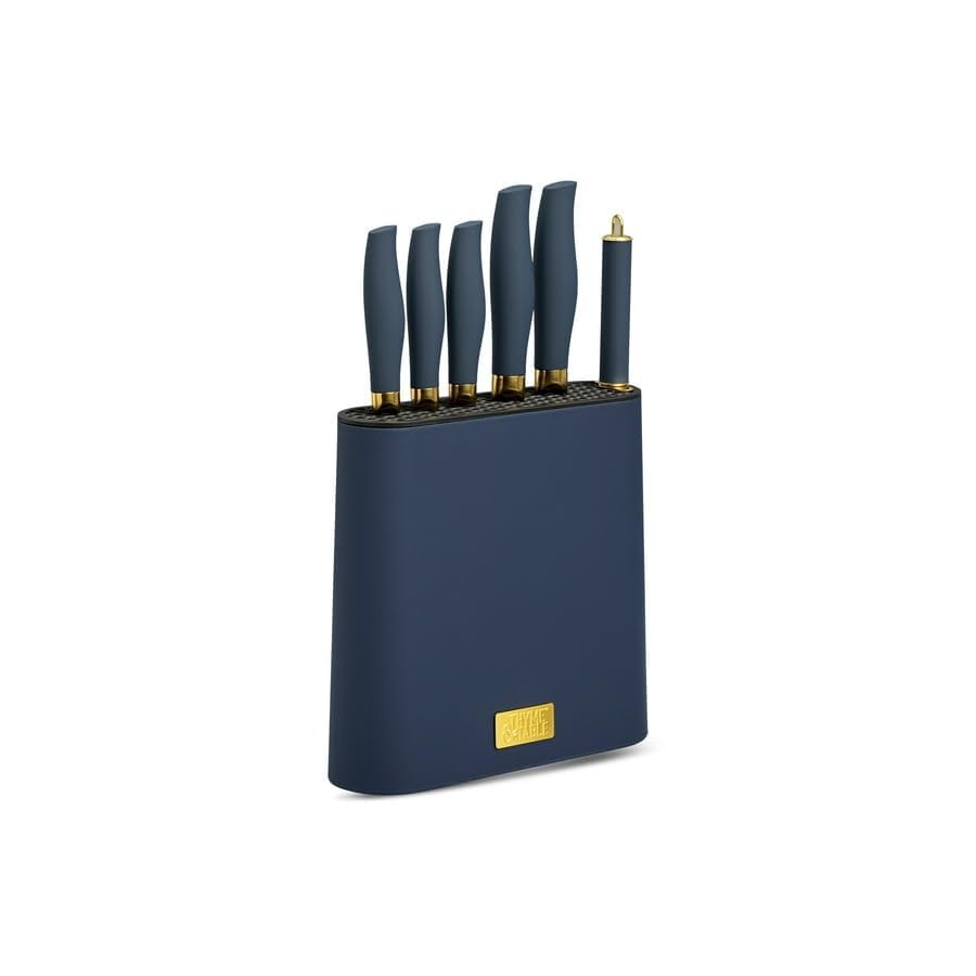 7-Piece Slim Block Knife Set With Gold Blades And Blue Block, All-In-One Complete Set Providing Comfort And Precision