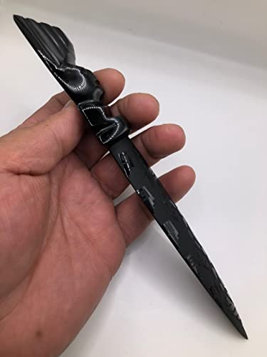 7.8 In Black Obsidian Letter Opener, Polished And Engraved Handmade By Craftmen, Figurine, Paperweight Stone, Craft Teotihuacan Mexico (Design 7) - 7.8 X 1.1 In - 3.28 Oz Weight #TOP6