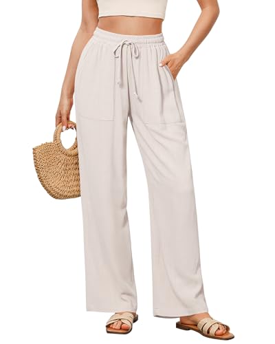 GRAPENT Drawstring Wide Leg Pants for Women Ladies Pants Womens Linen Pants for Summer Wide Leg Trouser Pants for Women Boho Womens Clothing Women Linen Pants Summer Color Natural Medium Size 8 to 10