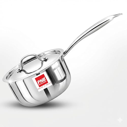 Image of PNB Kitchenmate Triply Stainless Steel Saucepan with Steel Lid, 16cm (1.5 LTR) | 2.5mm Thick Heavy Bottom Milk Pan | Induction & Gas Compatible | 5 Years Warranty