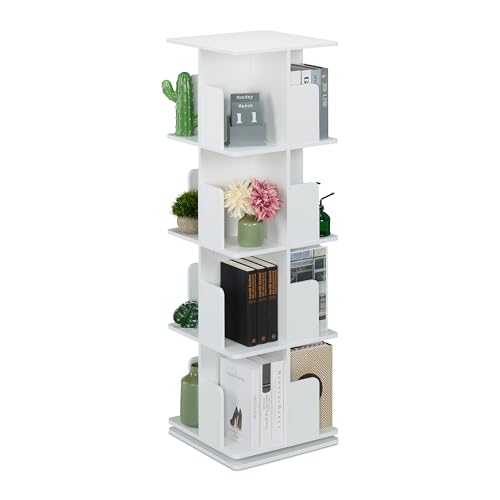Relaxdays Librería Giratoria, Estantería Rotatoria 360º, 3 Baldas, Organizador Libros, Cuadrada, 125,5x39x39 cm, Blanca
