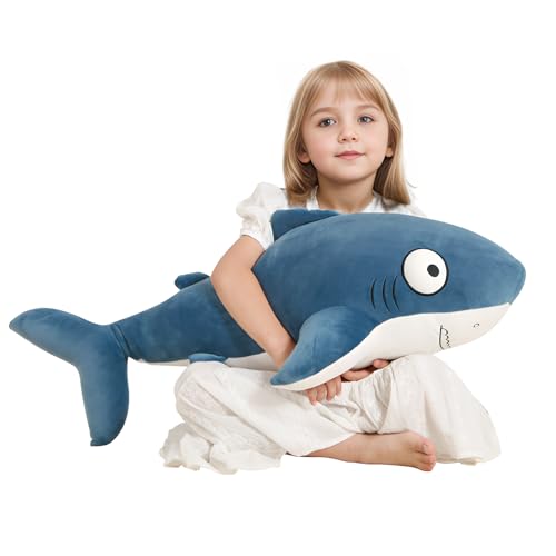 Image of 32 inch Blue Giant Sharks Plush,Large Whale Shark Stuffed Animals, Big Ocean Sea Fish Squishy Body Pillow Soft Plushies Toys, Gifts Kids Girls Boys, Birthday