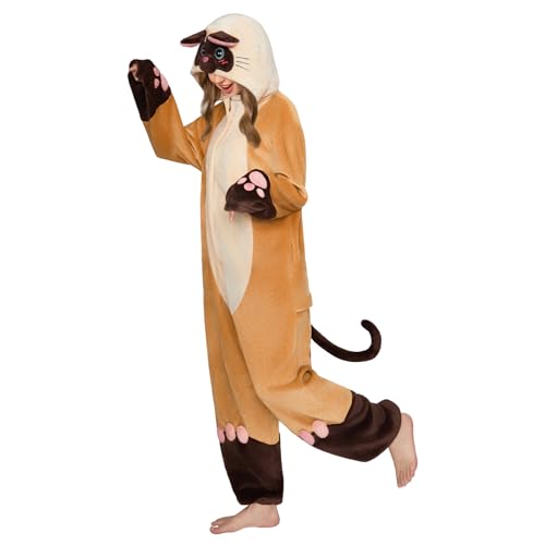 OLAOLA Adult Unisex Onesie Flannel Siamese Cat Animal Pajamas Plush One Piece Sleepwear Cosplay Party Costume