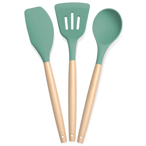 Image of PANCA Silicone Non Stick Spatula Set of 3 with Wooden Handle | Heat Resistant Cooking & Serving Spoon Set | Silicone Kitchen Tools for Cooking, Baking, Mixing (Green)