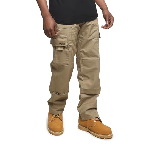 SITE KING Mens Multi Pocket Cargo Work Trousers Premium Action Trousers with Knee Pad Pockets (32 Waist / 29 Short Leg, Khaki/Sand)