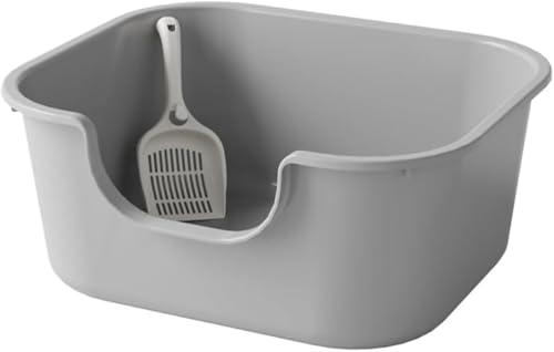 MLTUN MAKAN 大型の持ち出し防止半密閉式巨大猫用トイレ、スコップ付き、低い入り口、溢れ防止、オールインワンポータブルトイレボックス、お手入れ簡単、深型、子猫に最適、あらゆる種類の猫砂、ペット用品に最適 (高級グレー【猫砂スコップ付き】)