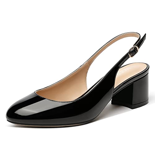MODENCOCO Women's Buckle Slingback Round Toe Patent Block Solid Chunky Low Heel Pumps Shoes 2 Inch